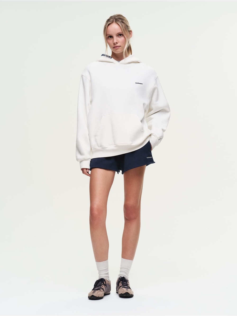 MADHAPPY CLASSIC FLEECE HOODIE WHITE NAVY WOMEN’S SMALL - Picture 2 of 14
